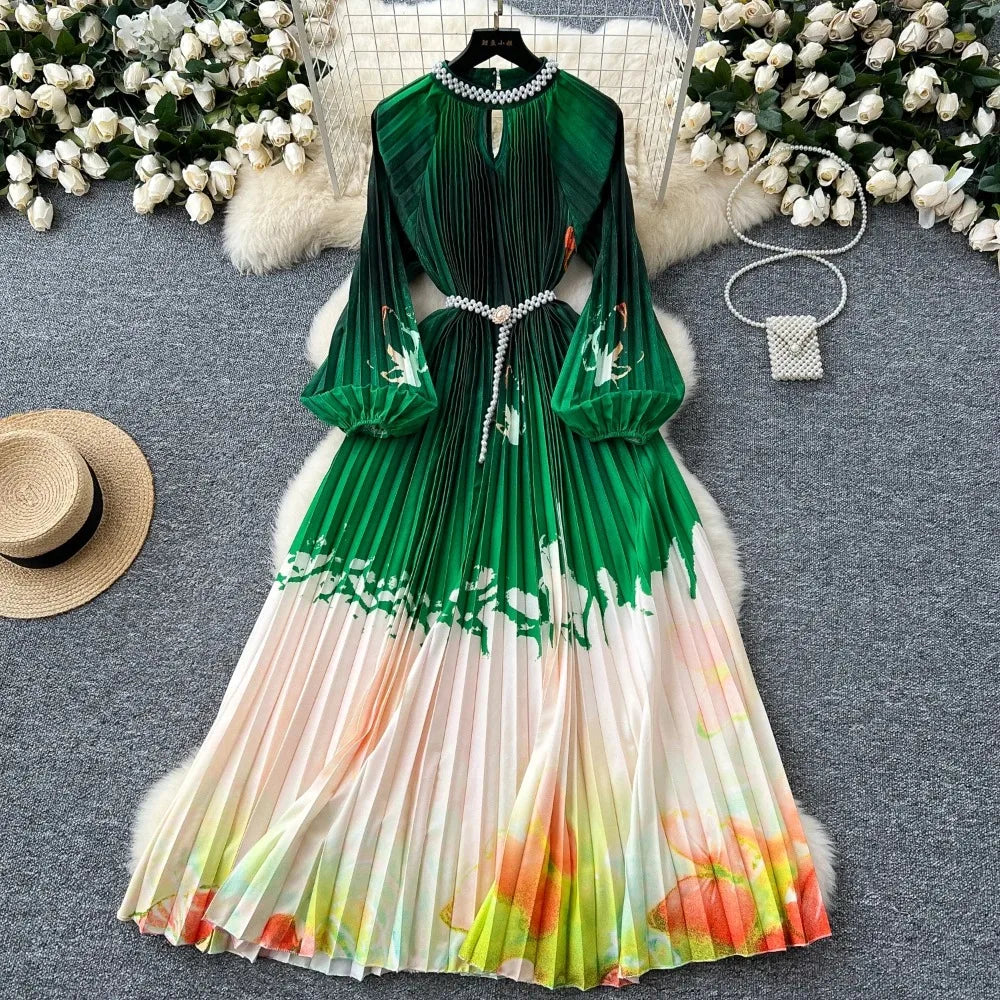 Pleated Print Lantern Sleeve A-Line Dress