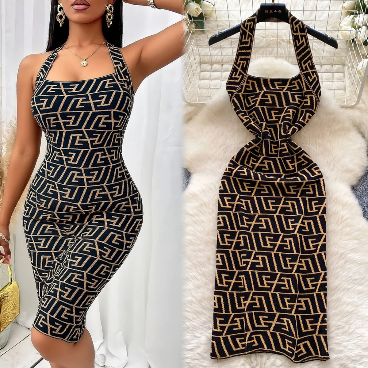 Letter Knit Halter Backless Mini Dress