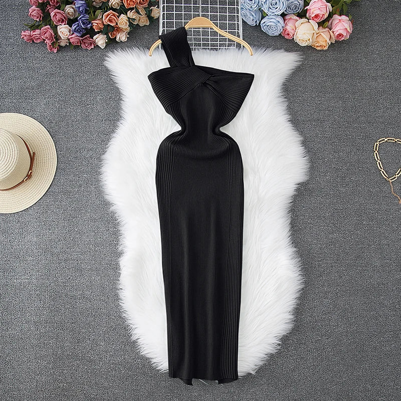 One-Shoulder Knot Knit Bodycon Dress