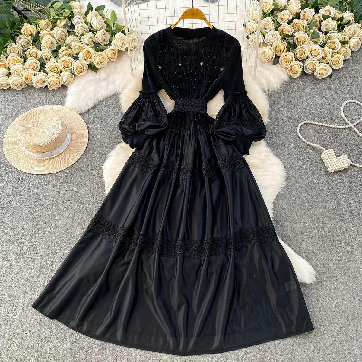 Lace Patchwork Lantern Sleeve Maxi Dress