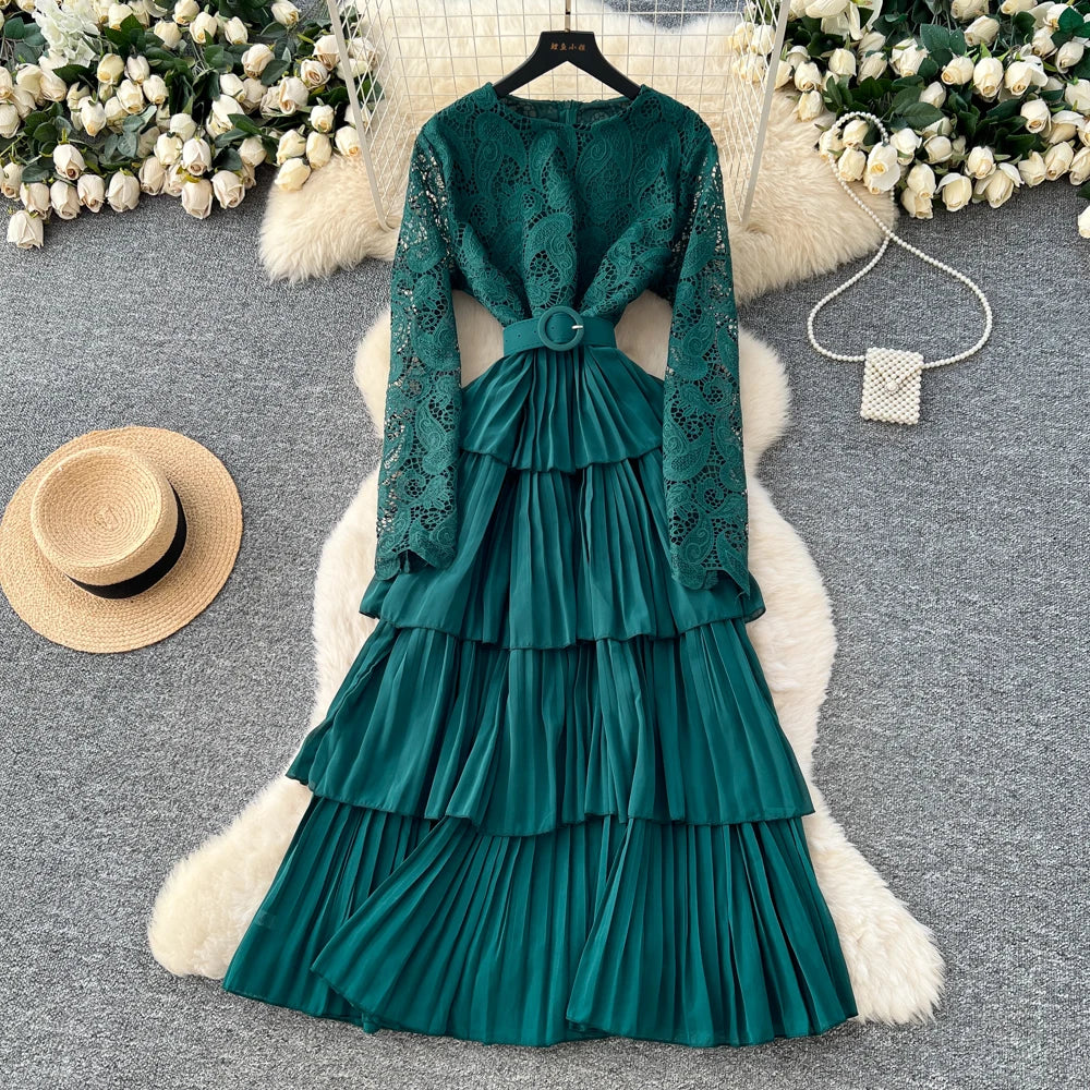 Lace O-Neck Long Sleeve A-Line Dress