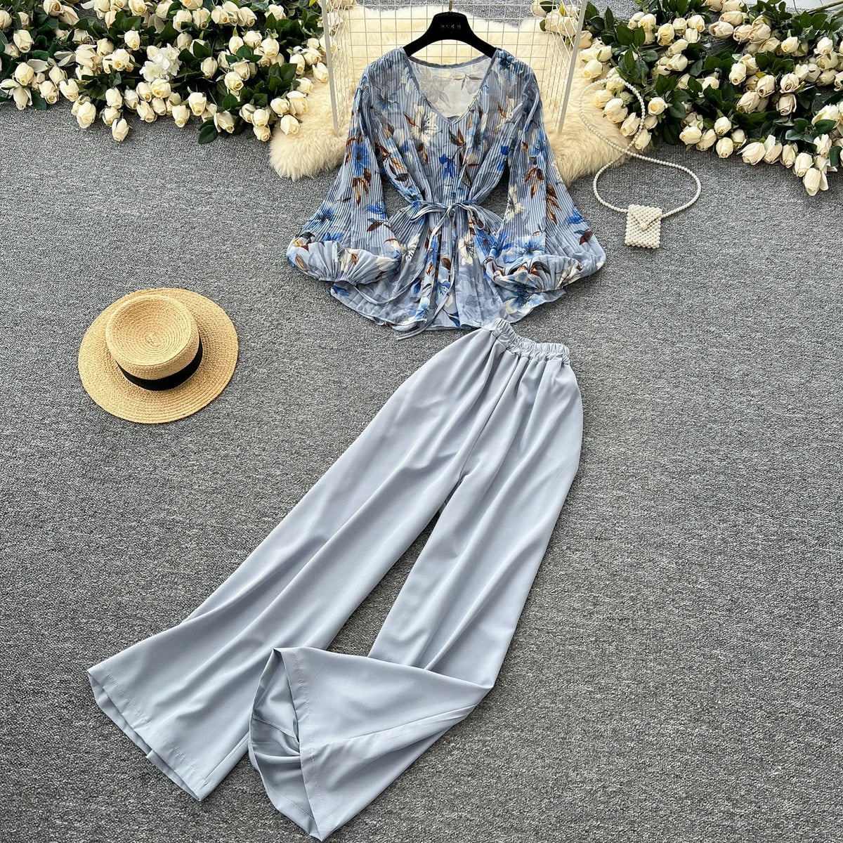 Print Lantern Sleeve Top and Wide Leg Pants