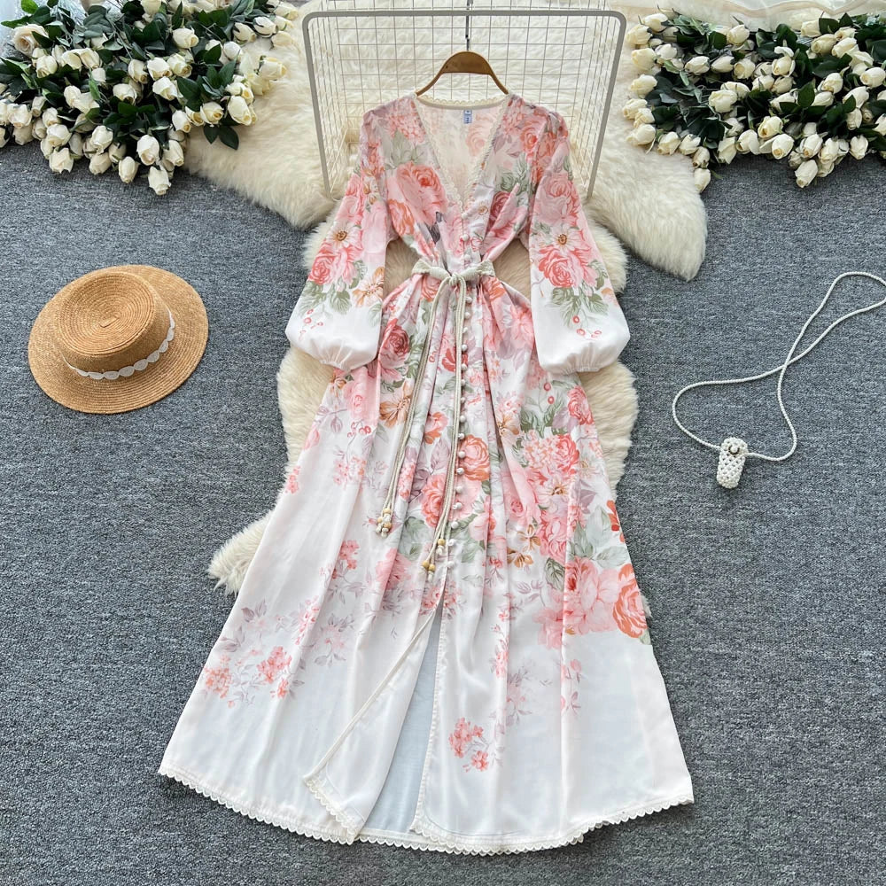 V-Neck Print Ruched Long Dress