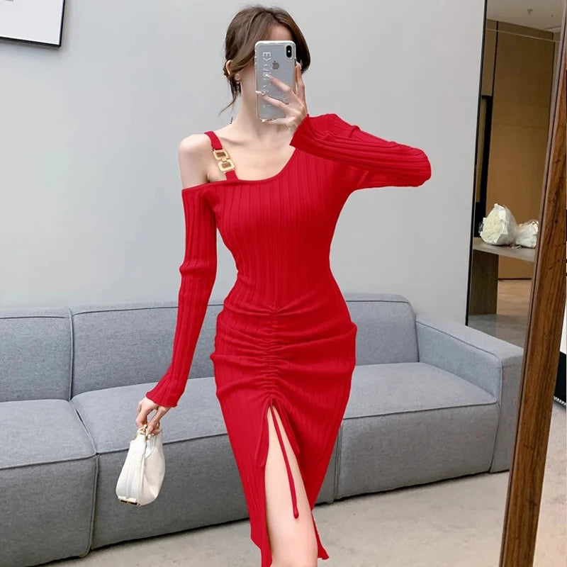 Ribbed Split Knit Bodycon Party Dress