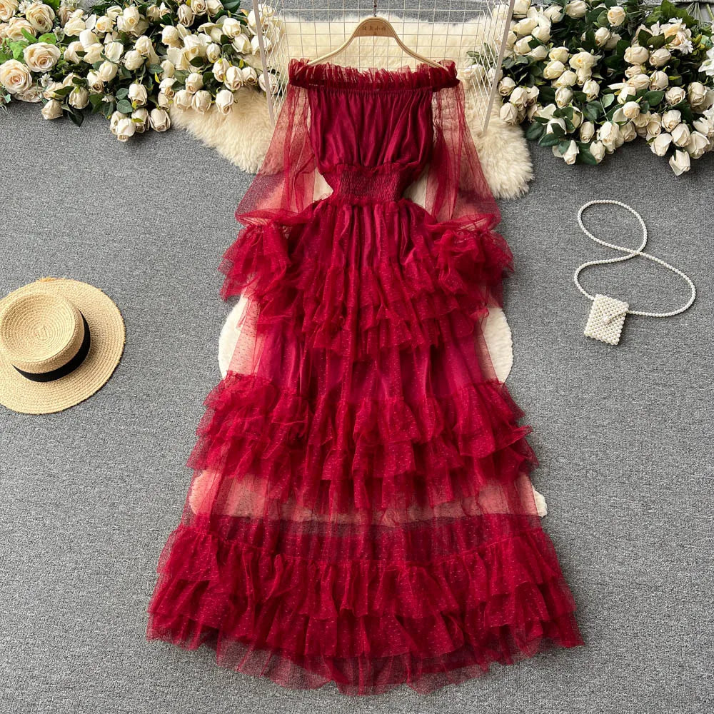 Pleated Mesh Flare Sleeve Dress