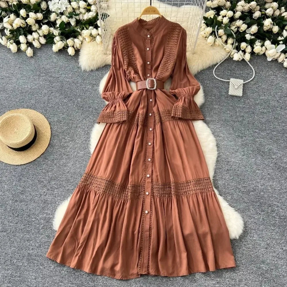 Lace Stand Collar Button Long Sleeve Dress