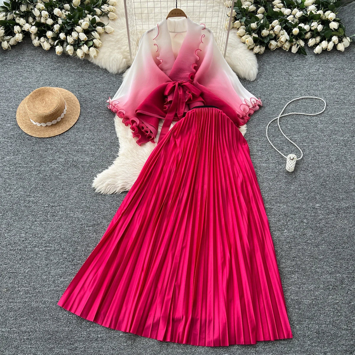 Gradient Cardigan and Pleated Skirt Set