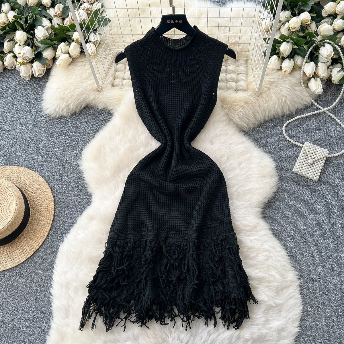 Tassel Sleeveless Knit Bodycon Mini Dress