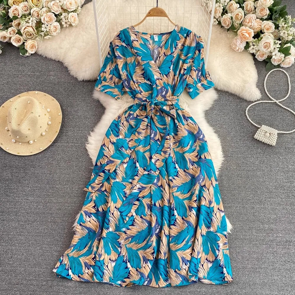 Floral Lace-Up V-Neck Boho Maxi Dress