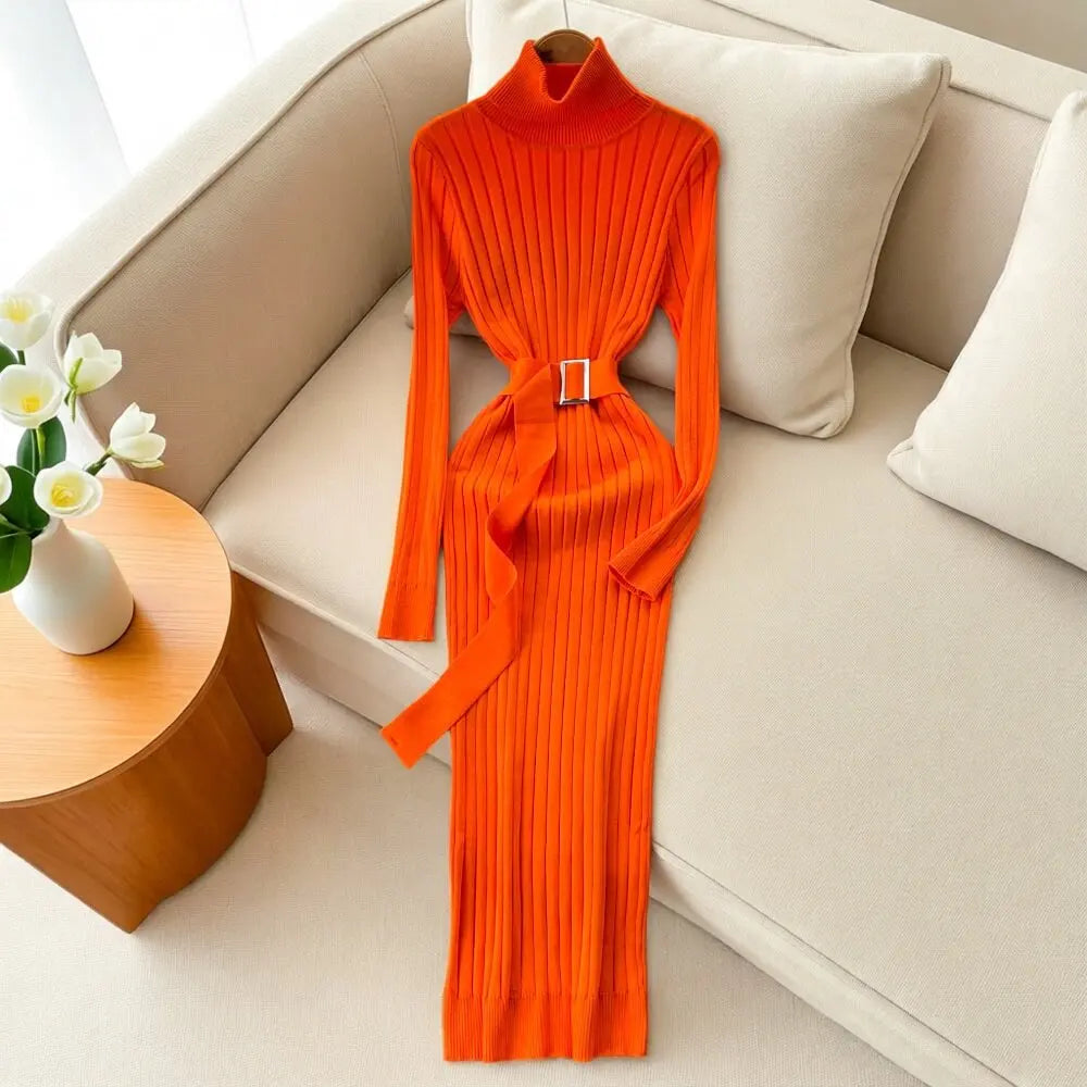 Black Lace-Up Turtleneck Knit Maxi Dress