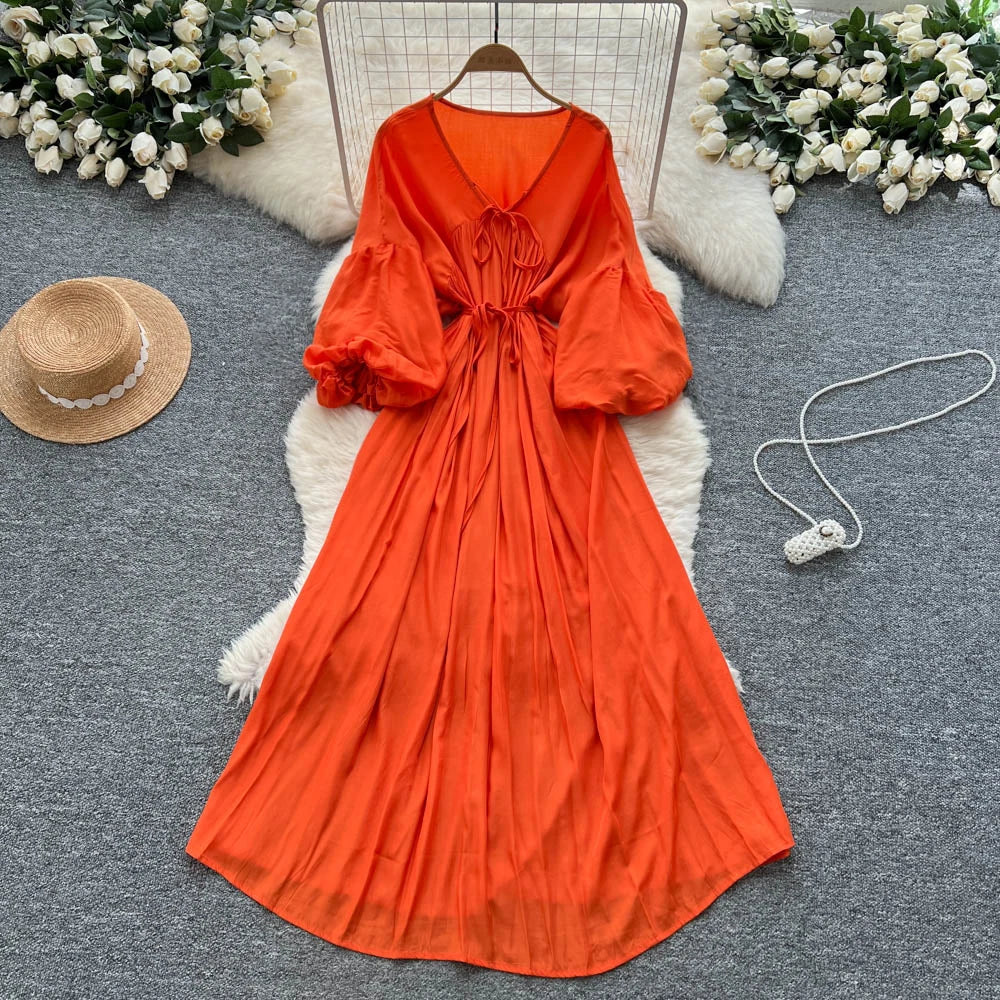 Ruched Lantern Sleeve V-Neck Maxi Dress