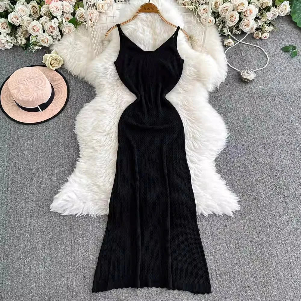Patchwork Spaghetti Strap Knit Maxi Dress