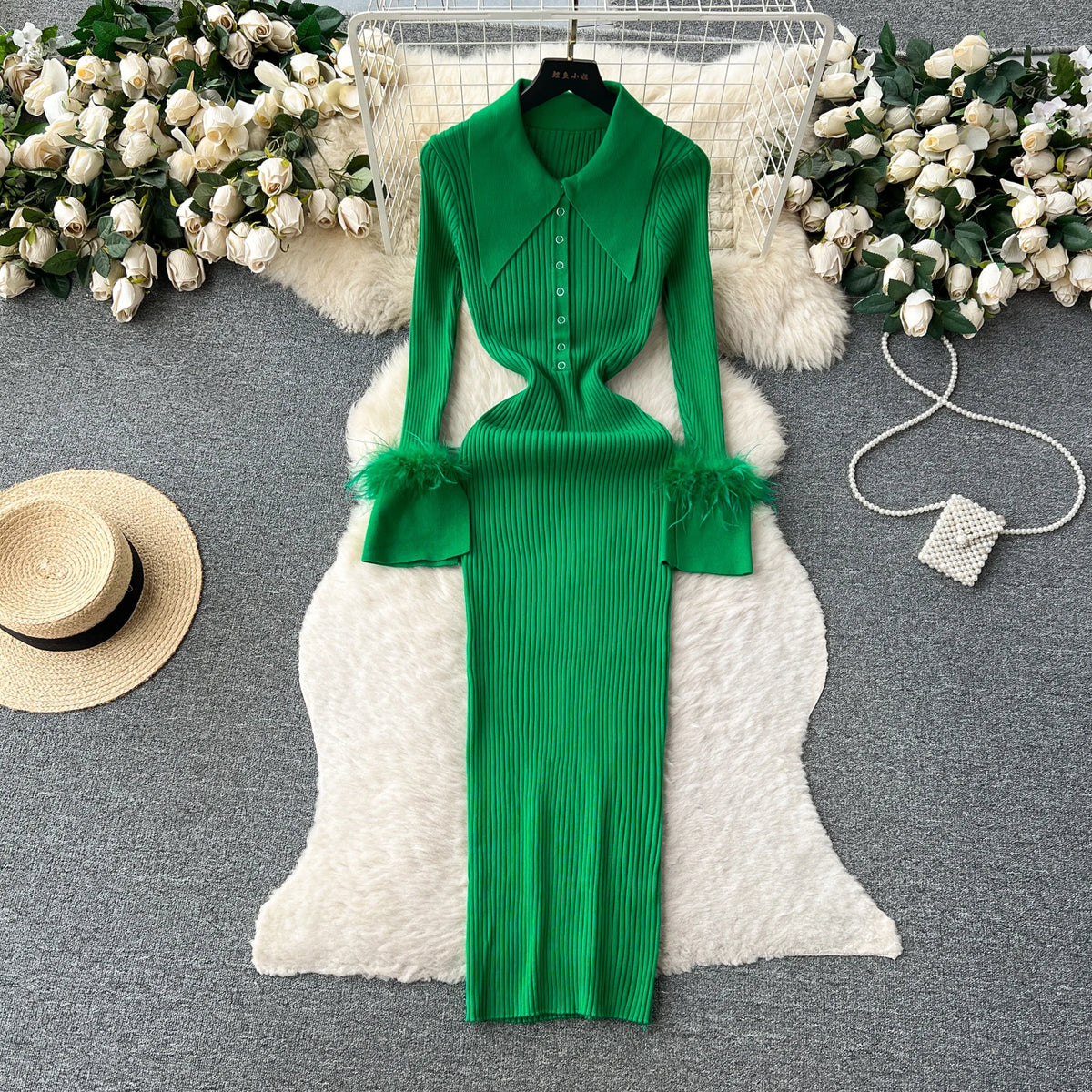 Fur Cuff Knit Wrap Bodycon Maxi Dress