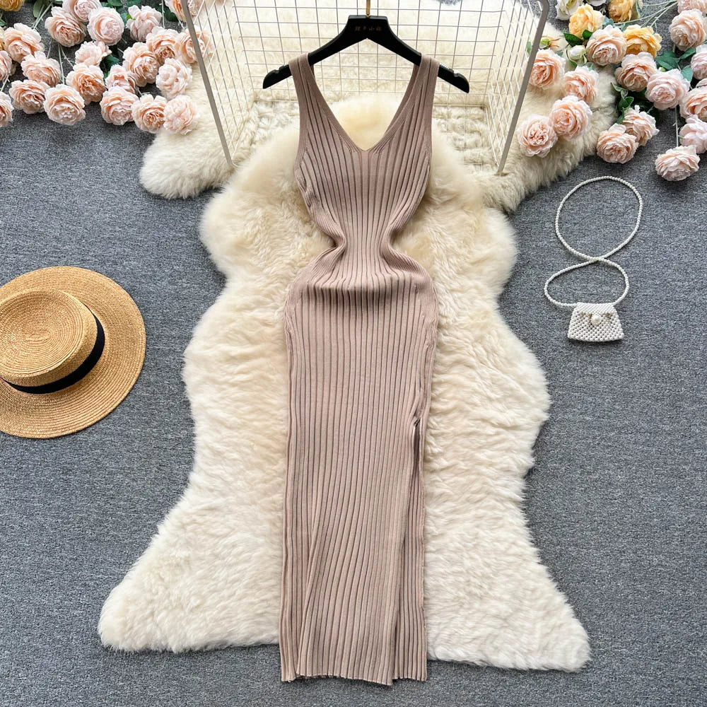 Split Knit Wrap Bodycon Maxi Dress