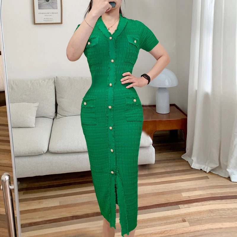 Pearl Button Knit Bodycon Office Dress