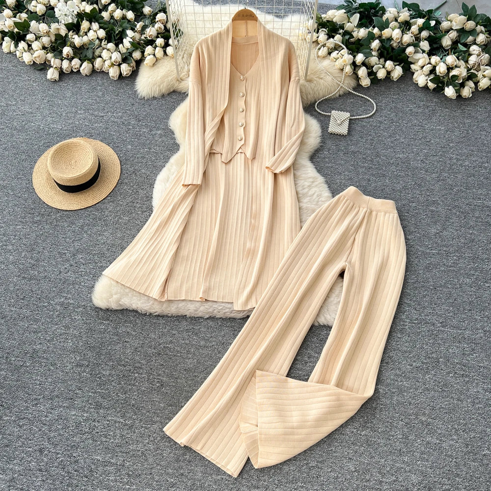 Knit Button Top and Wide Leg Pants Set