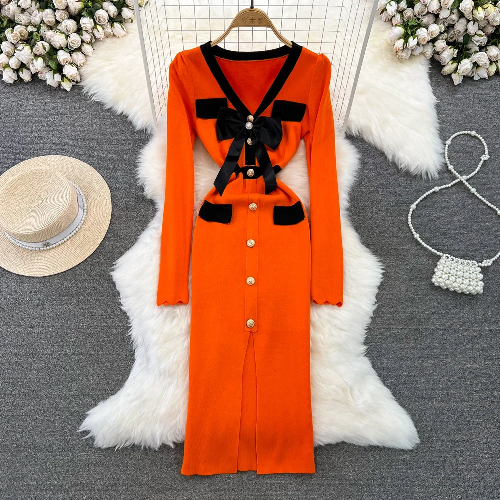 Butterfly Knit V-Neck Bodycon Sweater Dress