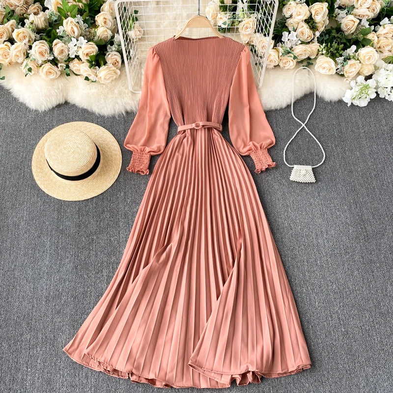 Belted Chiffon Puff Sleeve A-Line Dress