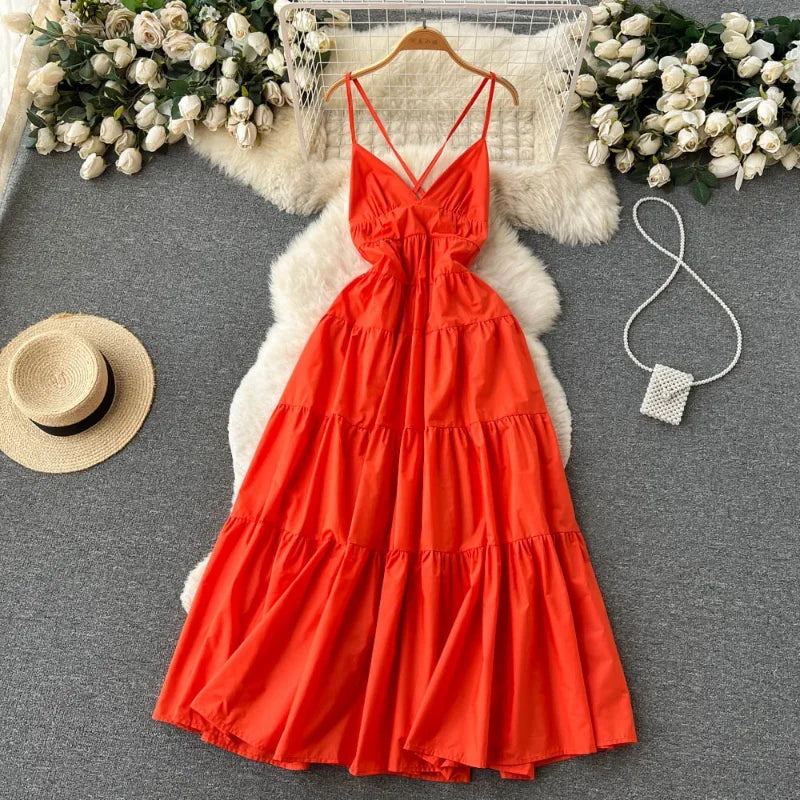 Orange Backless Pleated A-Line Slip Dress