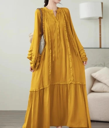 Lace-Up Lantern Sleeve Ruffle Dress