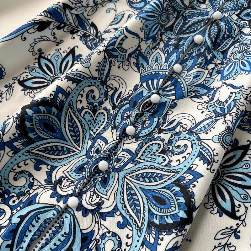 Print Flutter Sleeve V-Neck Long Dress