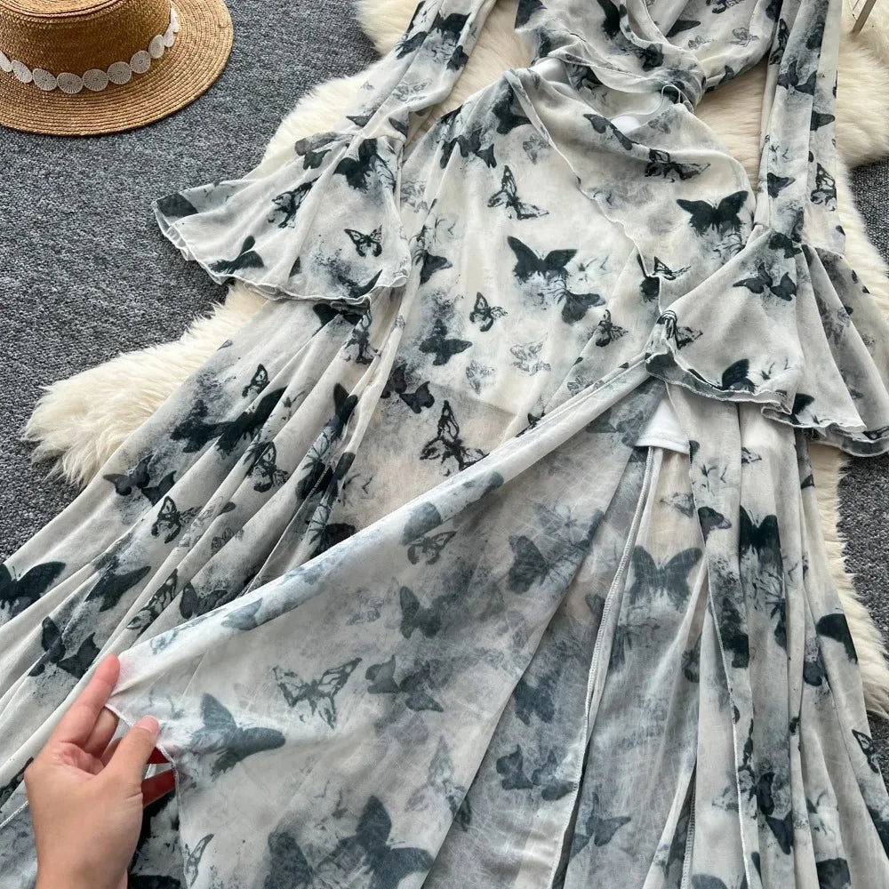 Asymmetric Print Flare Sleeve A-Line Dress
