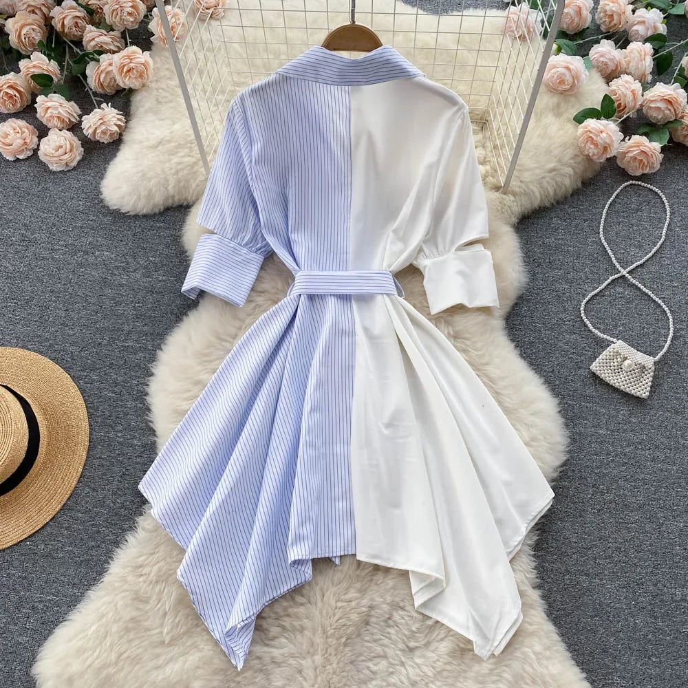 Striped Patchwork Asymmetric Collared Dress