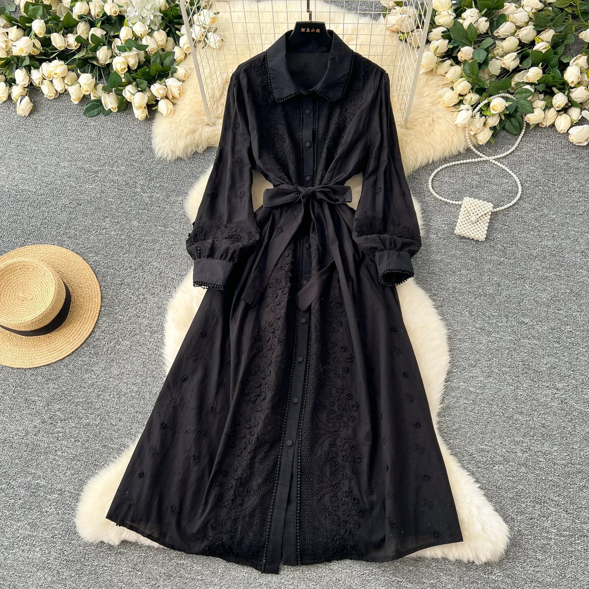 Embroidered Collared Lantern Sleeve Maxi Dress