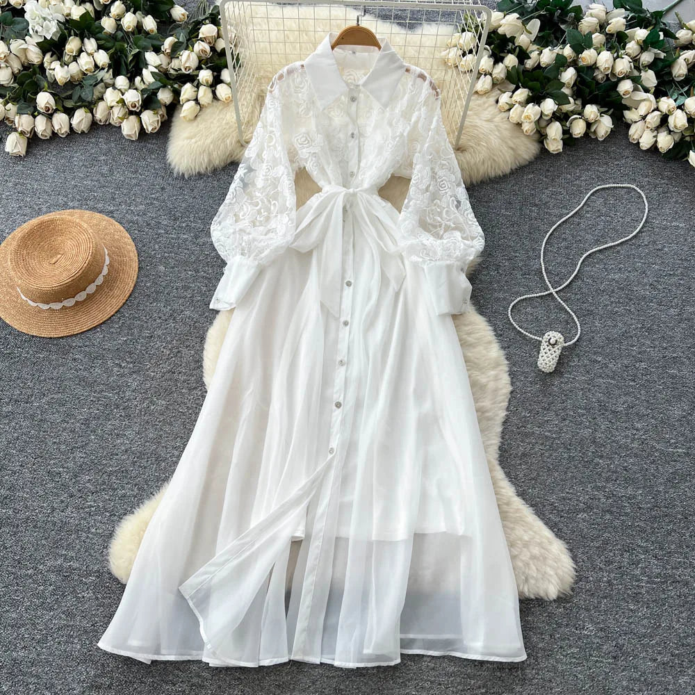 Single Breasted Mesh Long Sleeve Dress