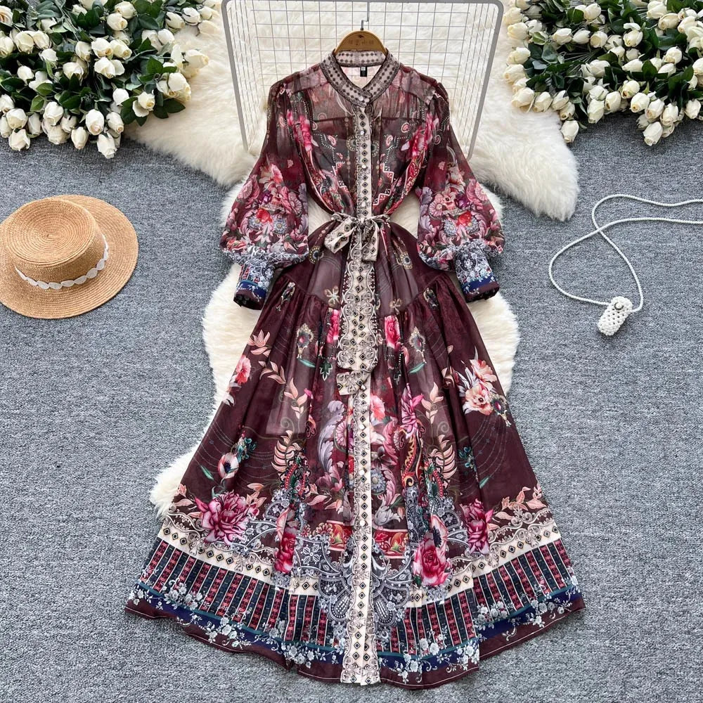 Print Lace-Up Single Breasted Long Dress