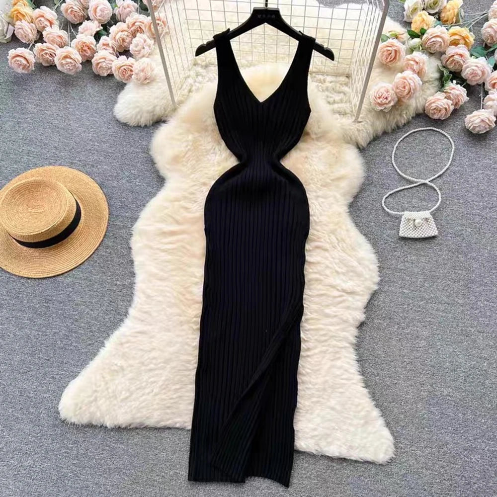 Ribbed Split Knit Bodycon Slip Dress