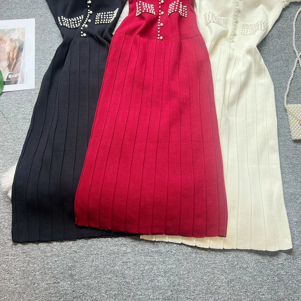 Pearl Pleated Knit Maxi Dress
