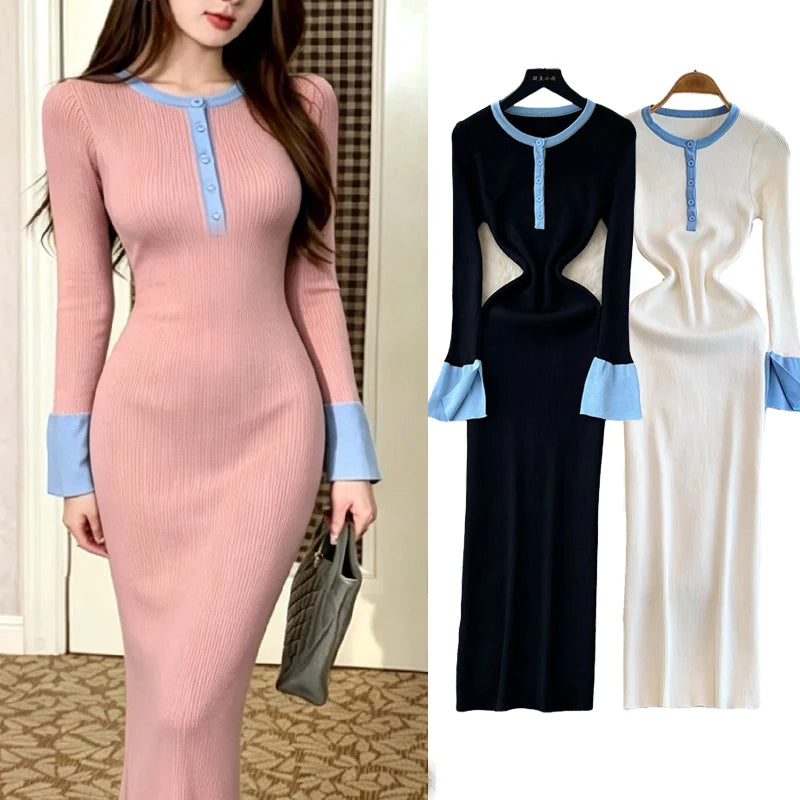 Pink Button Front Knit Bodycon Maxi Dress