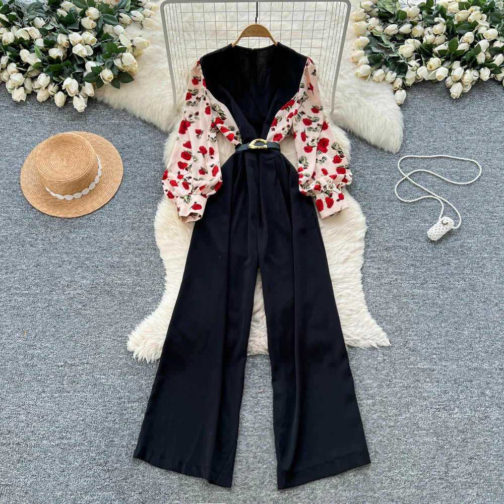 Print V-Neck Belted Wide Leg Jumpsuit