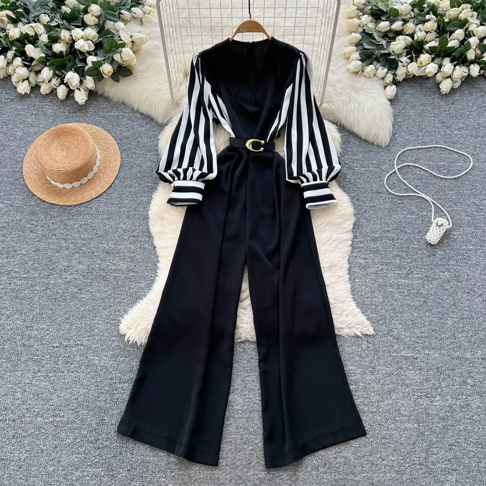 Print V-Neck Belted Wide Leg Jumpsuit