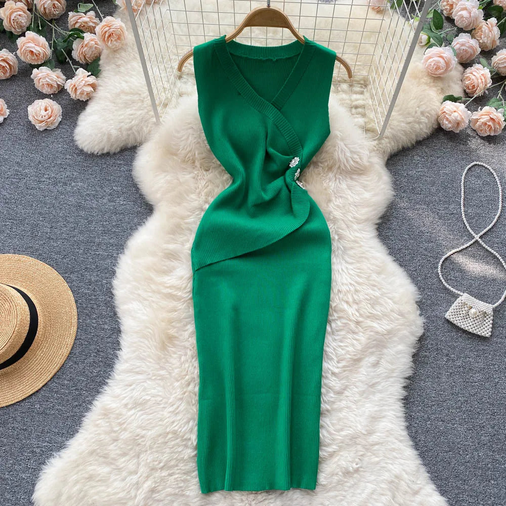 Sleeveless Button Knit Bodycon Dress