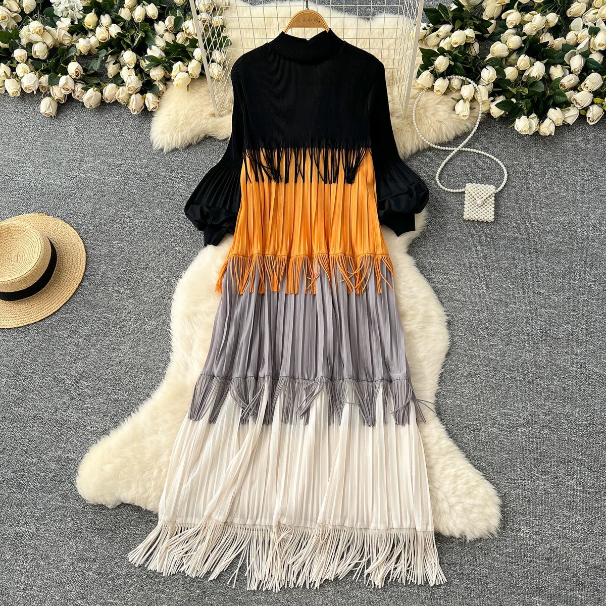 Tassel Patchwork Lantern Sleeve Dress