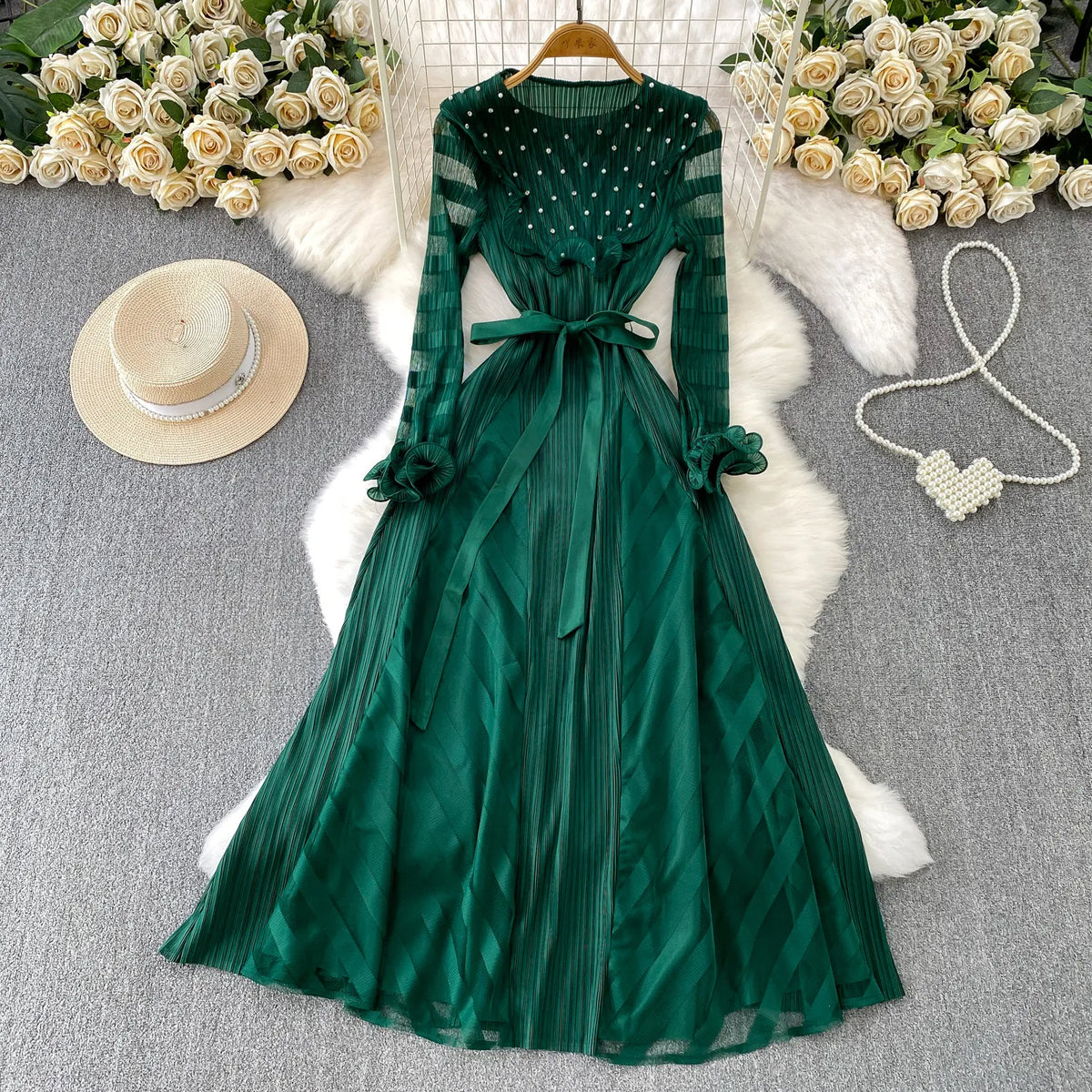 Beaded Long Sleeve A-Line Party Dress