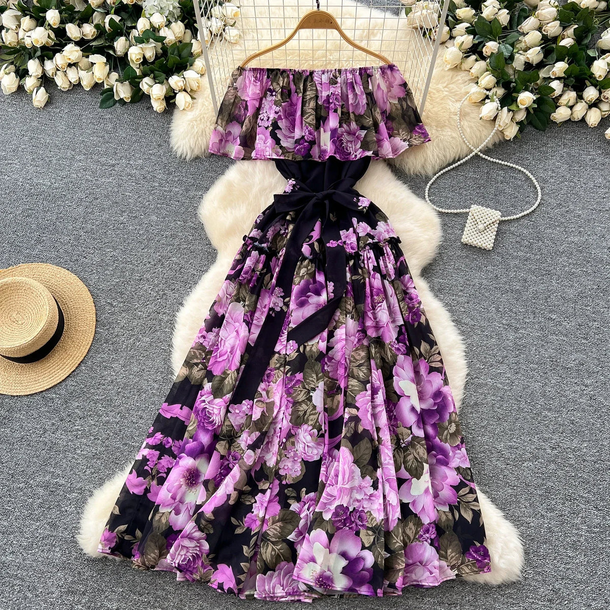 Ruffle Print Cape Sleeve Chiffon Dress