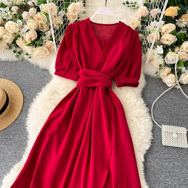 Vintage Solid Tie-Waist A-Line Maxi Dress