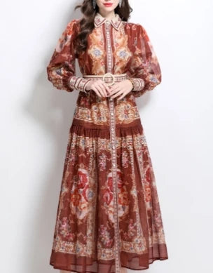 Print Lantern Sleeve Collared Maxi Shirt Dress