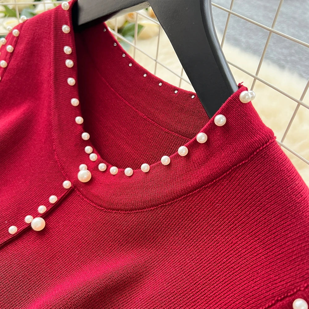 Pearl Pleated Knit Bodycon Maxi Dress