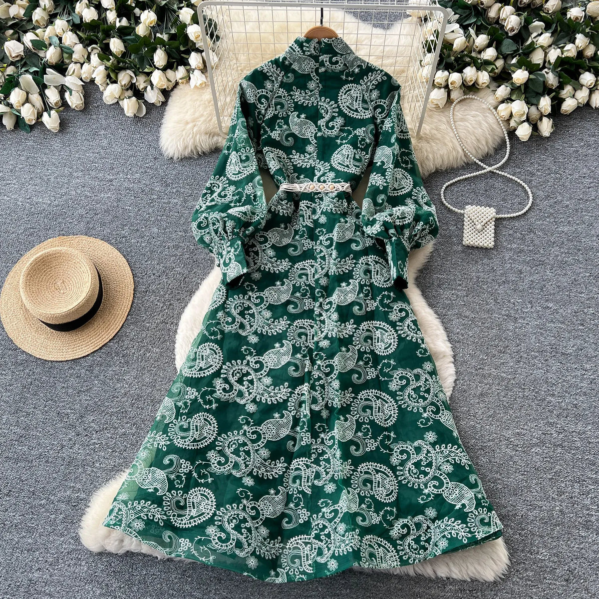 Embroidered Tie Waist Lantern Sleeve Maxi Dress
