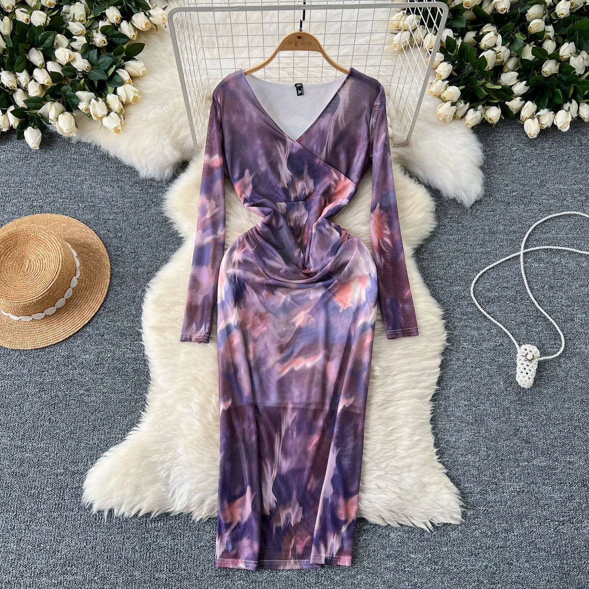 Pleated Mesh Print V-Neck Dress