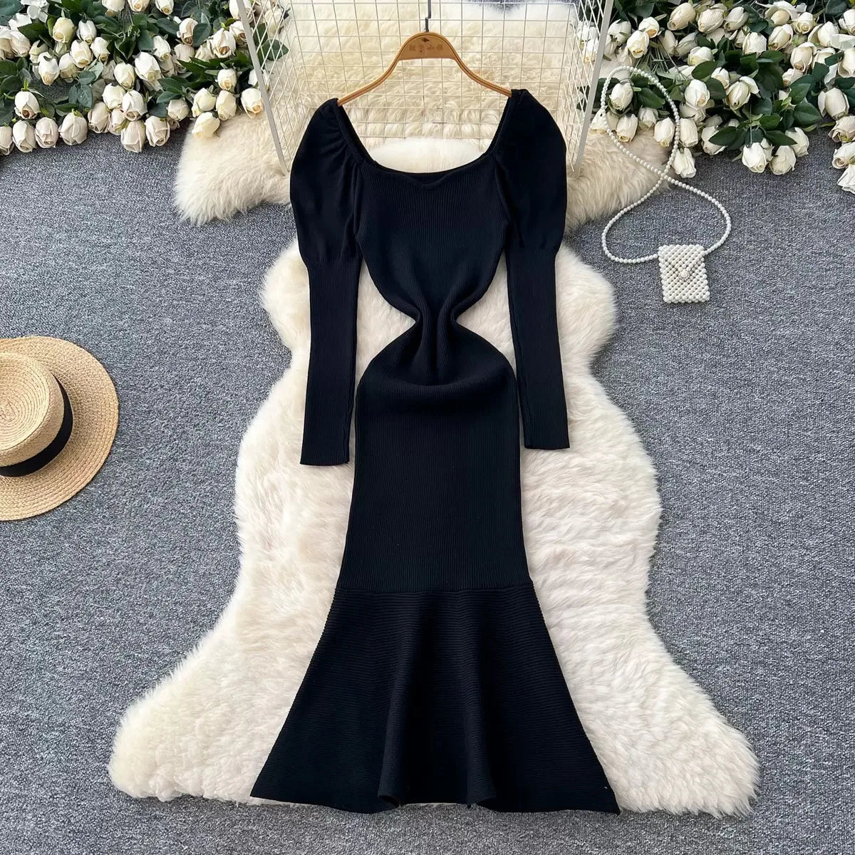 Long Sleeve Button Rib Knit Mermaid Dress