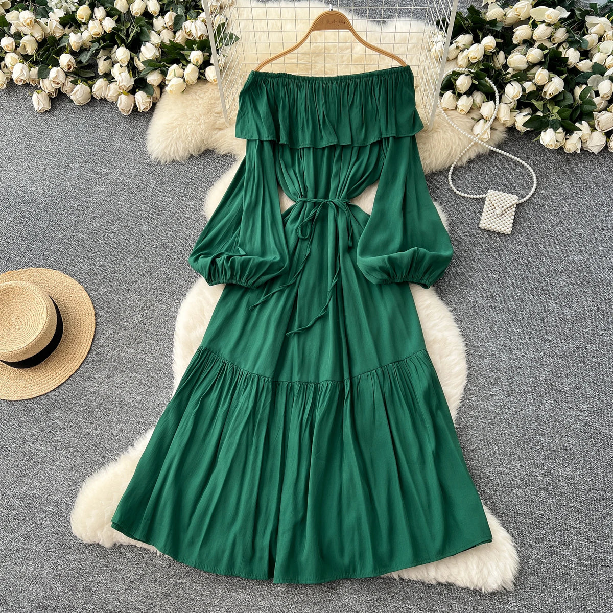 Ruched Ruffle Boat Neck Party Dress