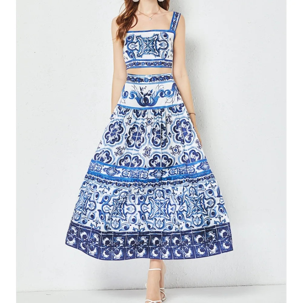 Print Off-Shoulder Top and Pleated Skirt Set