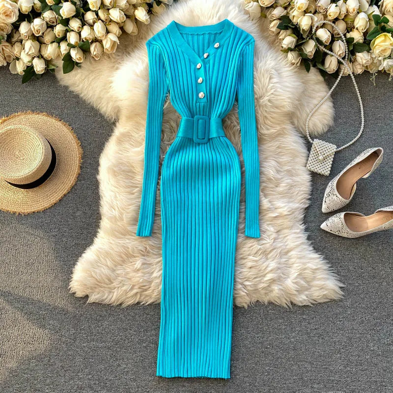 Belted V-Neck Knit Sweater Dress