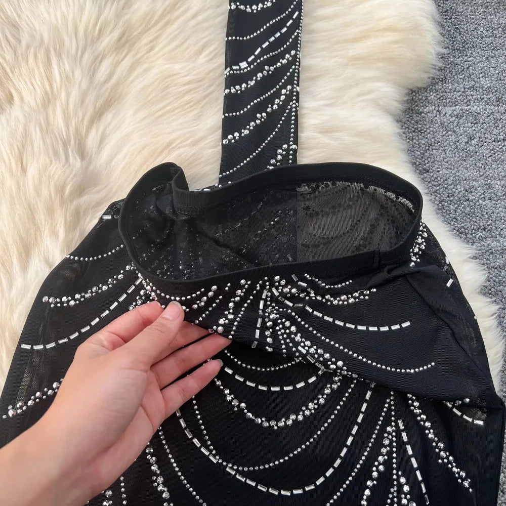 Rhinestone Mesh Crop Top and Skirt Set