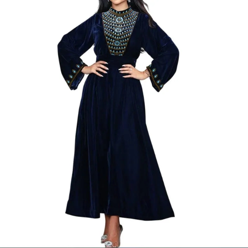 Rhinestone Stand Collar Velvet Bandage Dress